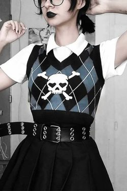 Y2K Gothic Argyle Skull Sweater Vest - Retro 90s Grunge Fashion for Women