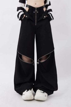 Y2K Gothic Baggy Pants with Hip Cut Out - Retro 90s Grunge Summer Outfit for Women