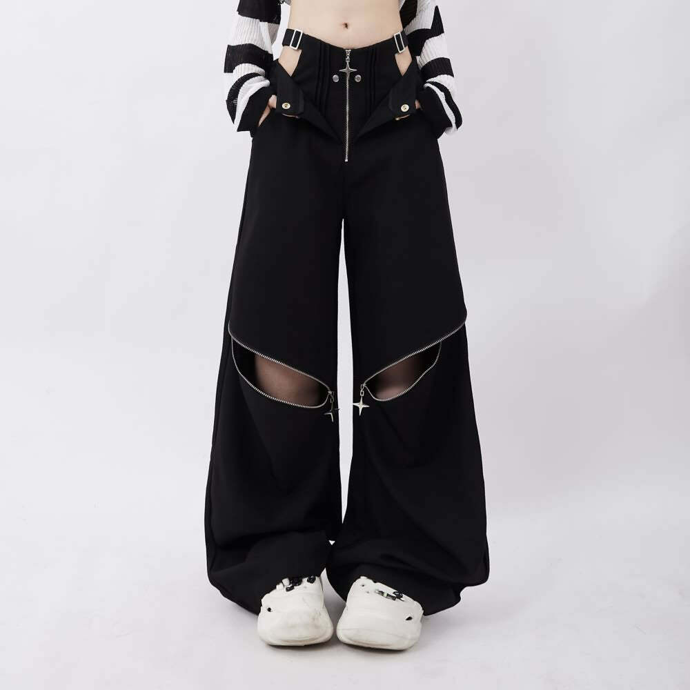 Y2K Gothic Baggy Pants with Hip Cut Out - Retro 90s Grunge Summer Outfit for Women