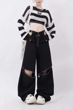 Y2K Gothic Baggy Pants with Hip Cut Out - Retro 90s Grunge Summer Outfit for Women
