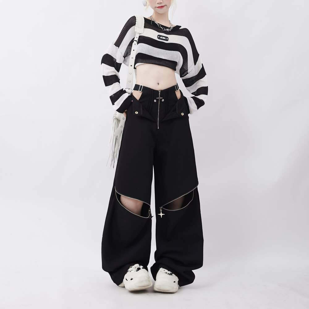 Y2K Gothic Baggy Pants with Hip Cut Out - Retro 90s Grunge Summer Outfit for Women