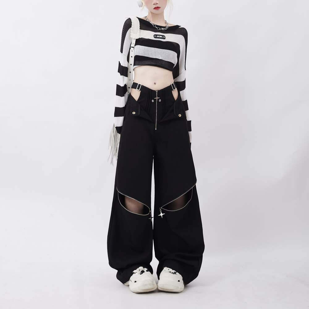 Y2K Gothic Baggy Pants with Hip Cut Out - Retro 90s Grunge Summer Outfit for Women