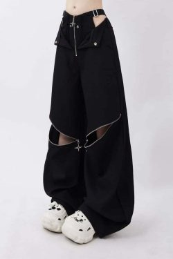 Y2K Gothic Baggy Pants with Hip Cut Out - Retro 90s Grunge Summer Outfit for Women