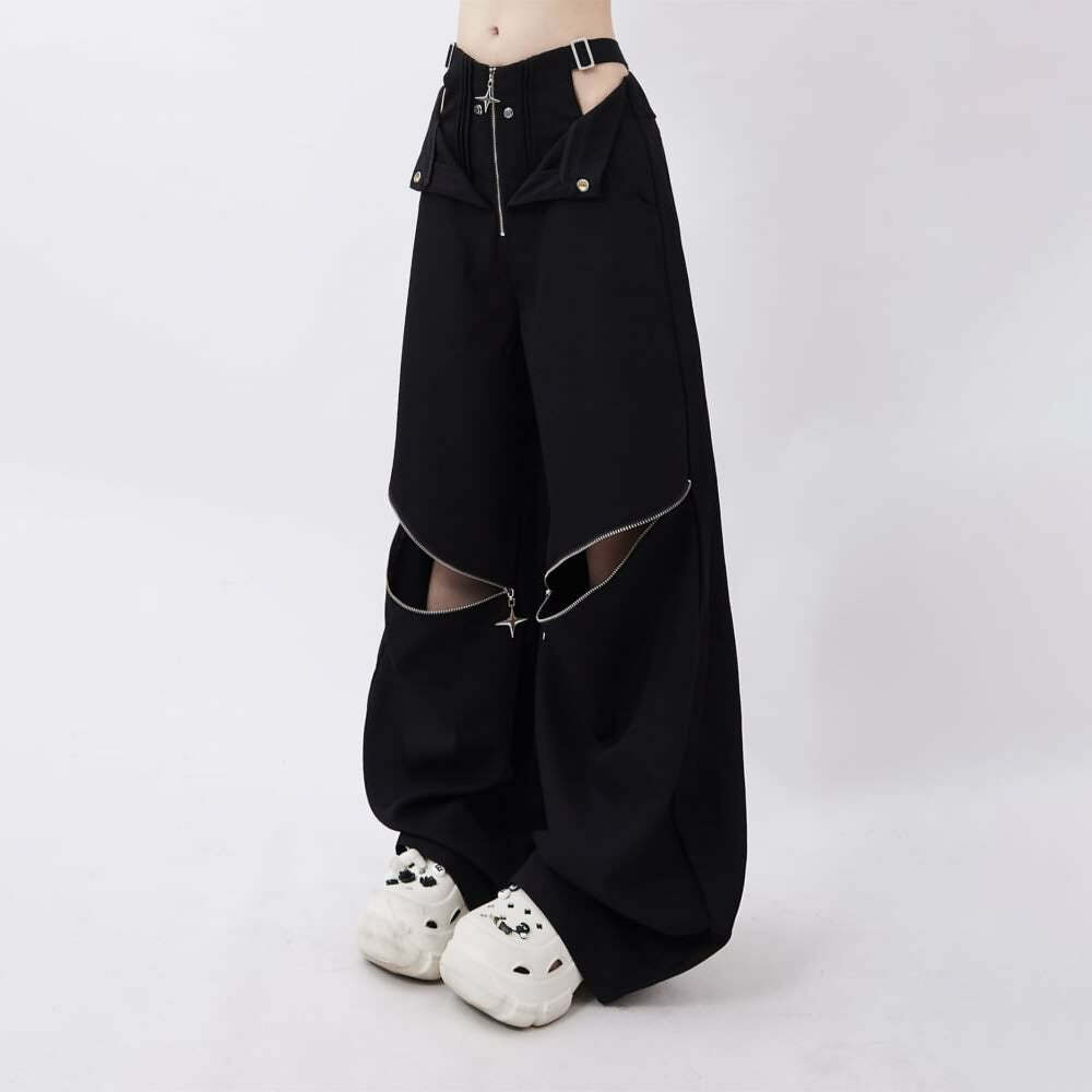 Y2K Gothic Baggy Pants with Hip Cut Out - Retro 90s Grunge Summer Outfit for Women