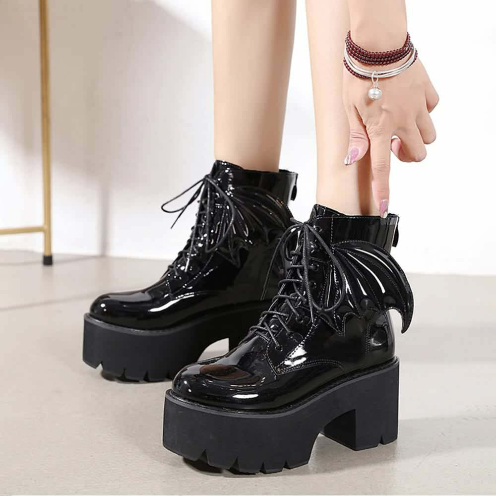 Y2K Gothic Bat Lace-Up Platform Boots - Perfect for 90s Grunge, Retro, and Summer Y2K Outfits