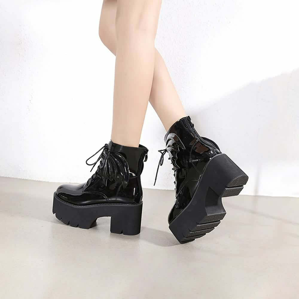 Y2K Gothic Bat Lace-Up Platform Boots - Perfect for 90s Grunge, Retro, and Summer Y2K Outfits