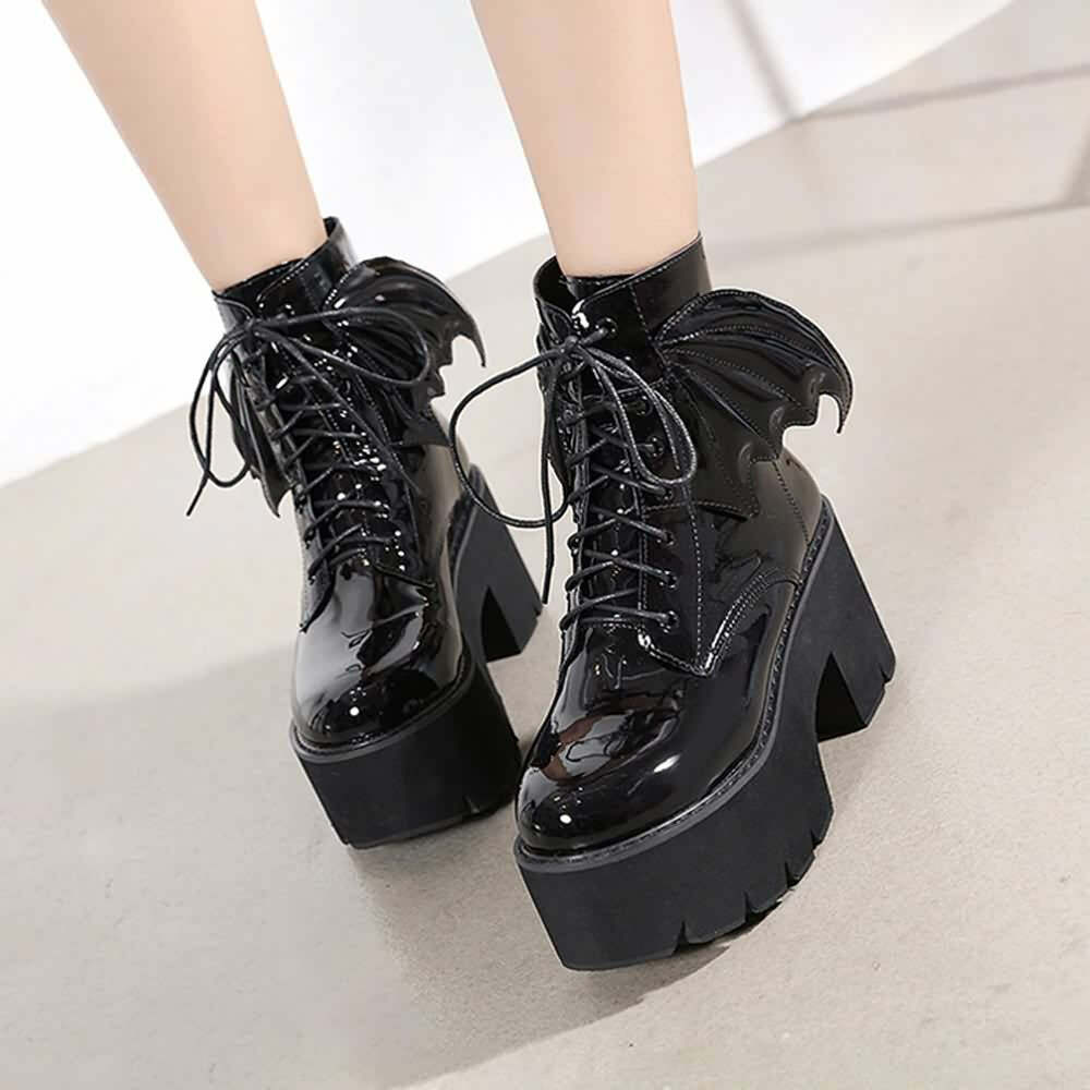 Y2K Gothic Bat Lace-Up Platform Boots - Perfect for 90s Grunge, Retro, and Summer Y2K Outfits