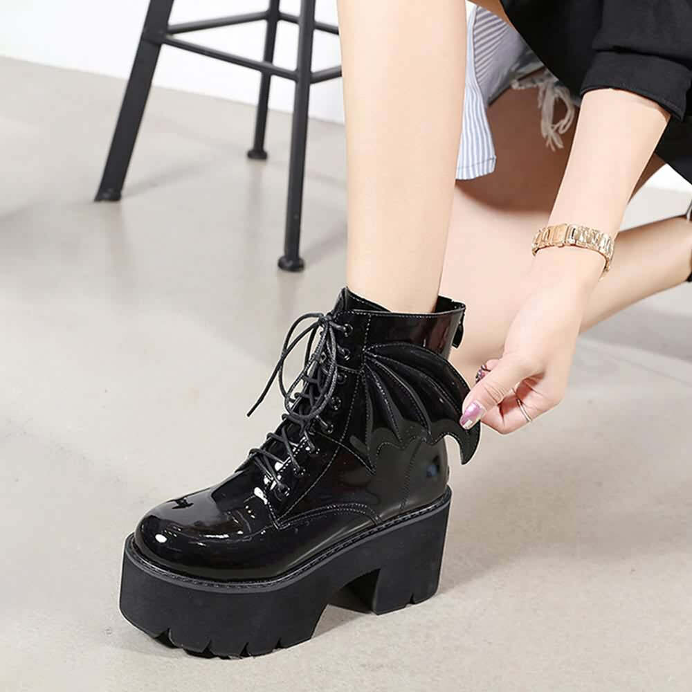 Y2K Gothic Bat Lace-Up Platform Boots - Perfect for 90s Grunge, Retro, and Summer Y2K Outfits