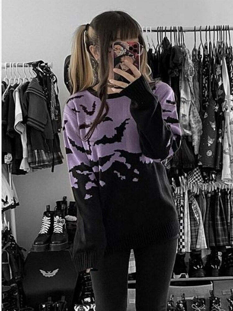 Y2K Gothic Bat Pattern Sweater - Retro 90s Grunge, Pastel Goth, Y2K Fashion, Summer Outfits