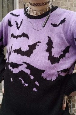Y2K Gothic Bat Pattern Sweater - Retro 90s Grunge, Pastel Goth, Y2K Fashion, Summer Outfits