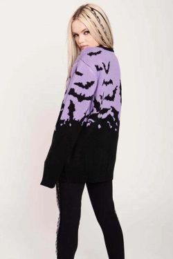 Y2K Gothic Bat Pattern Sweater - Retro 90s Grunge, Pastel Goth, Y2K Fashion, Summer Outfits