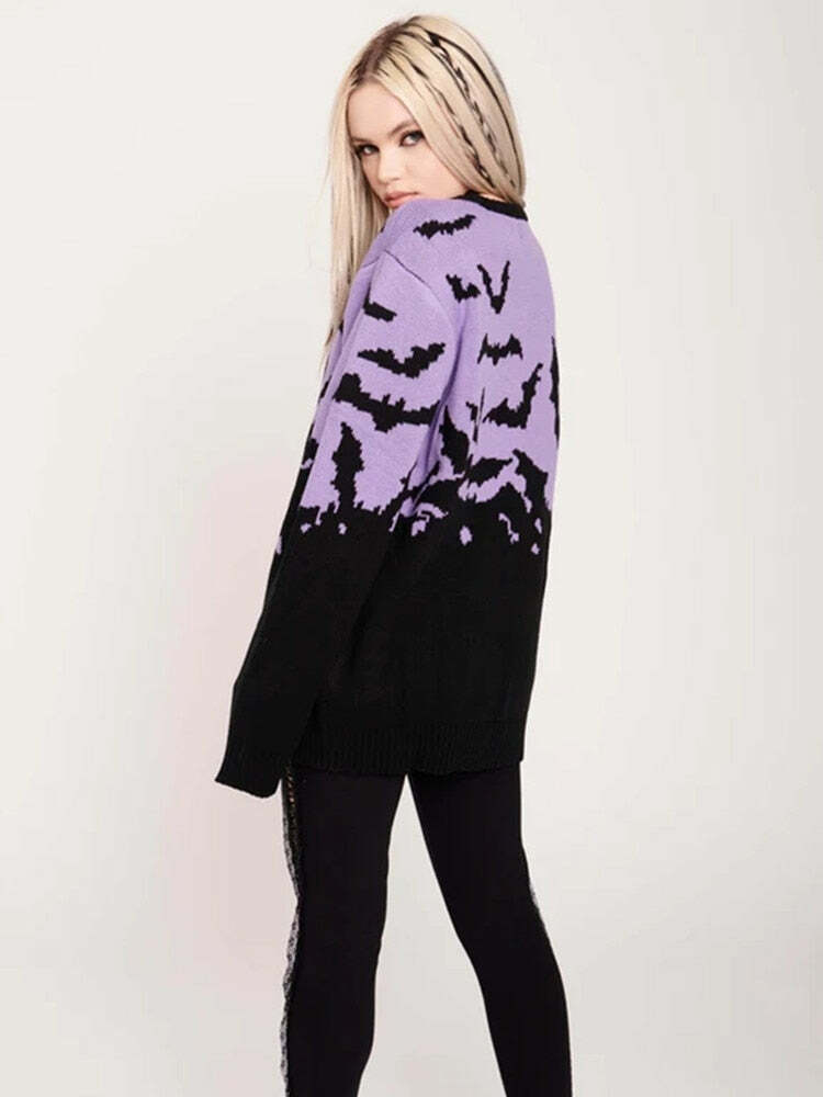 Y2K Gothic Bat Pattern Sweater - Retro 90s Grunge, Pastel Goth, Y2K Fashion, Summer Outfits