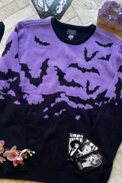 Y2K Gothic Bat Pattern Sweater - Retro 90s Grunge, Pastel Goth, Y2K Fashion, Summer Outfits