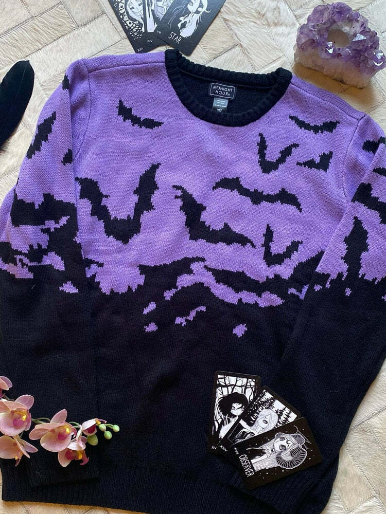 Y2K Gothic Bat Pattern Sweater - Retro 90s Grunge, Pastel Goth, Y2K Fashion, Summer Outfits