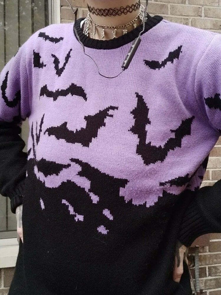 Y2K Gothic Bat Pattern Sweater - Retro 90s Grunge, Pastel Goth, Y2K Fashion, Summer Outfits
