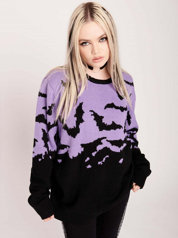 Y2K Gothic Bat Pattern Sweater - Retro 90s Grunge, Pastel Goth, Y2K Fashion, Summer Outfits