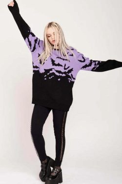 Y2K Gothic Bat Pattern Sweater - Retro 90s Grunge, Pastel Goth, Y2K Fashion, Summer Outfits