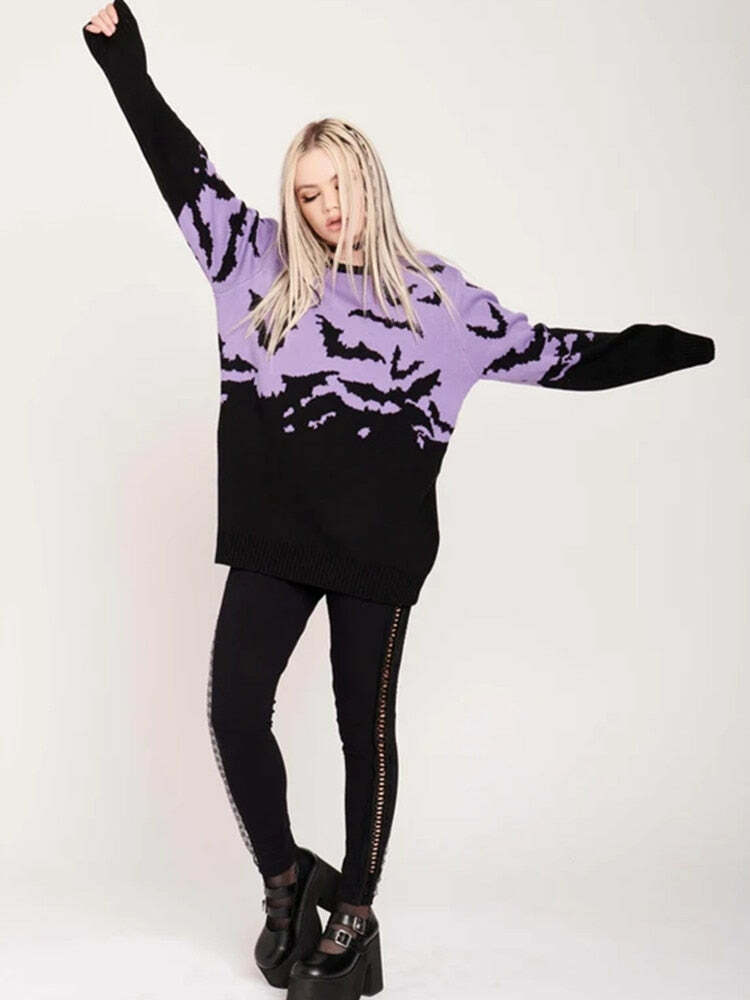 Y2K Gothic Bat Pattern Sweater - Retro 90s Grunge, Pastel Goth, Y2K Fashion, Summer Outfits