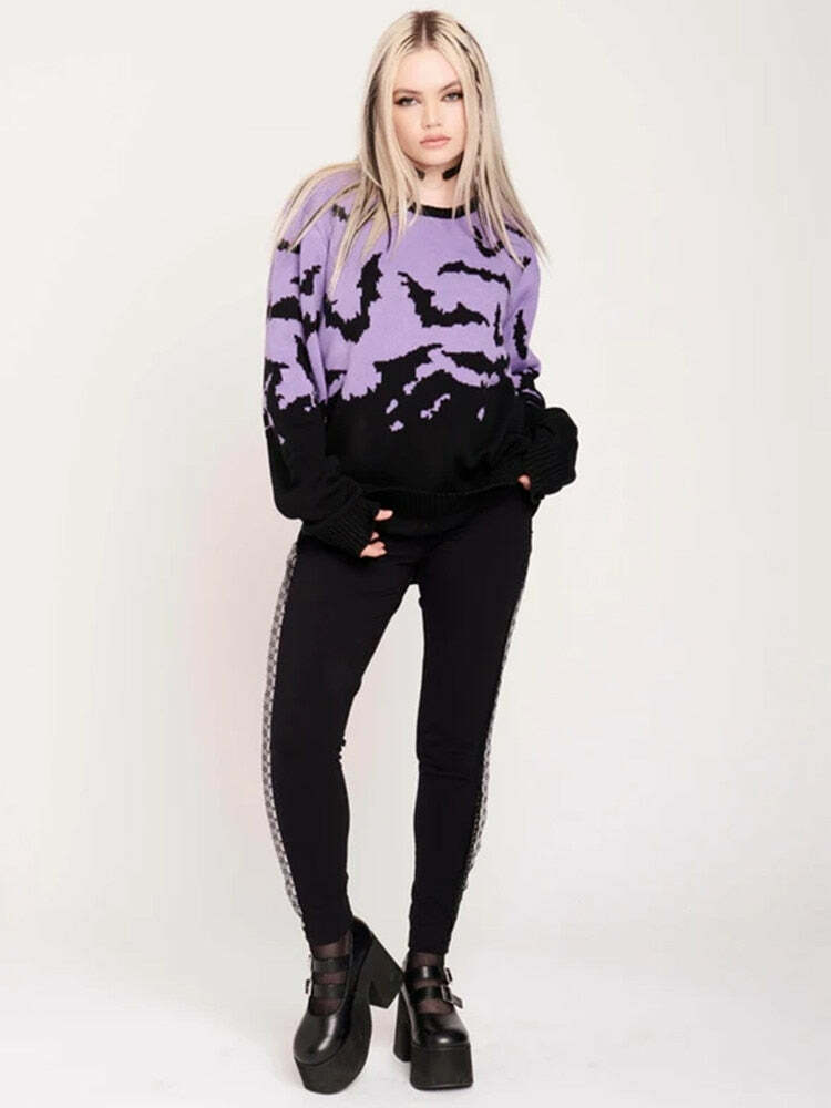 Y2K Gothic Bat Pattern Sweater - Retro 90s Grunge, Pastel Goth, Y2K Fashion, Summer Outfits