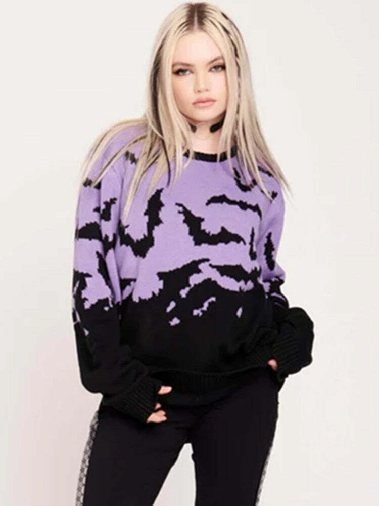Y2K Gothic Bat Pattern Sweater - Retro 90s Grunge, Pastel Goth, Y2K Fashion, Summer Outfits