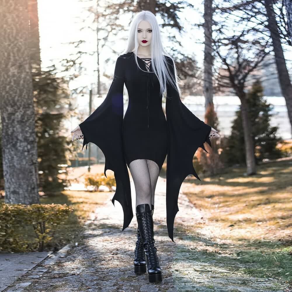 Y2K Gothic Bat Wing Sleeve Mini Dress - Retro 90s Grunge Outfit, Perfect for Summer Parties