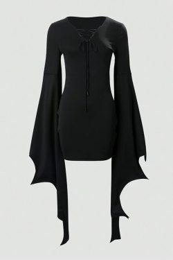 Y2K Gothic Bat Wing Sleeve Mini Dress - Retro 90s Grunge Outfit, Perfect for Summer Parties