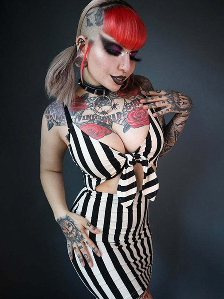 Y2K Gothic Beetlejuice Stripes Dress - Retro 90s Grunge Outfit for Summer Parties
