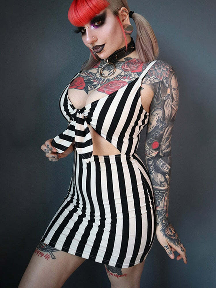 Y2K Gothic Beetlejuice Stripes Dress - Retro 90s Grunge Outfit for Summer Parties