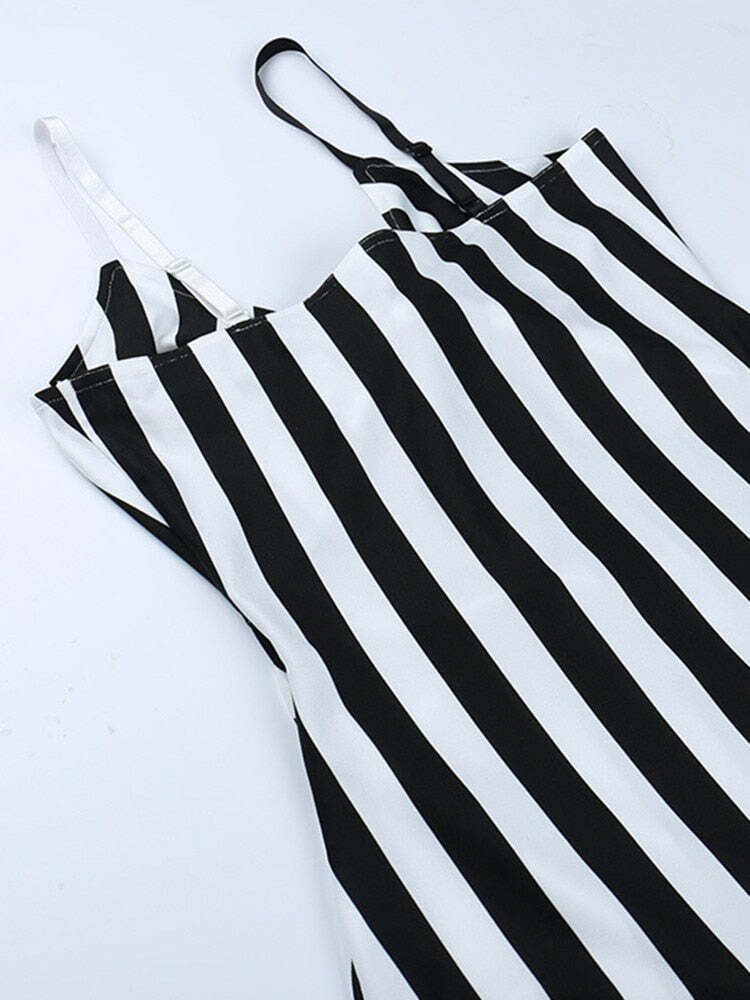 Y2K Gothic Beetlejuice Stripes Dress - Retro 90s Grunge Outfit for Summer Parties