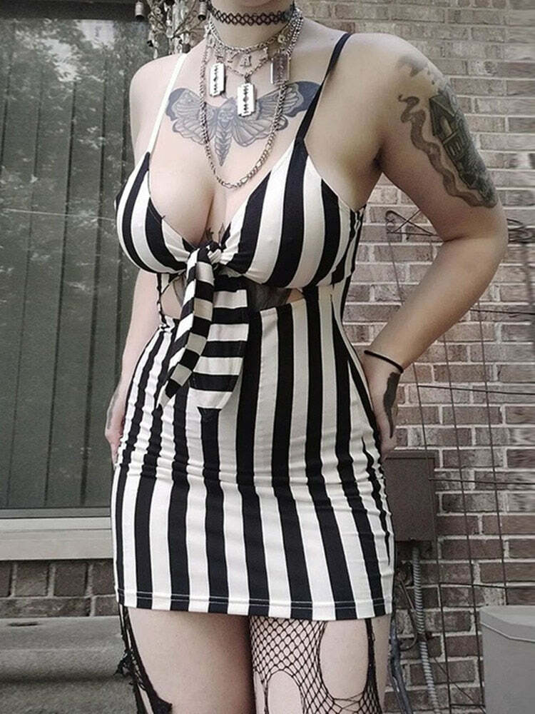 Y2K Gothic Beetlejuice Stripes Dress - Retro 90s Grunge Outfit for Summer Parties