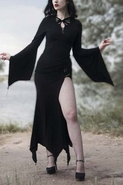 Y2K Gothic Bell Sleeve Cut Out Slit Dress - Retro 90s Grunge Summer Party Outfit