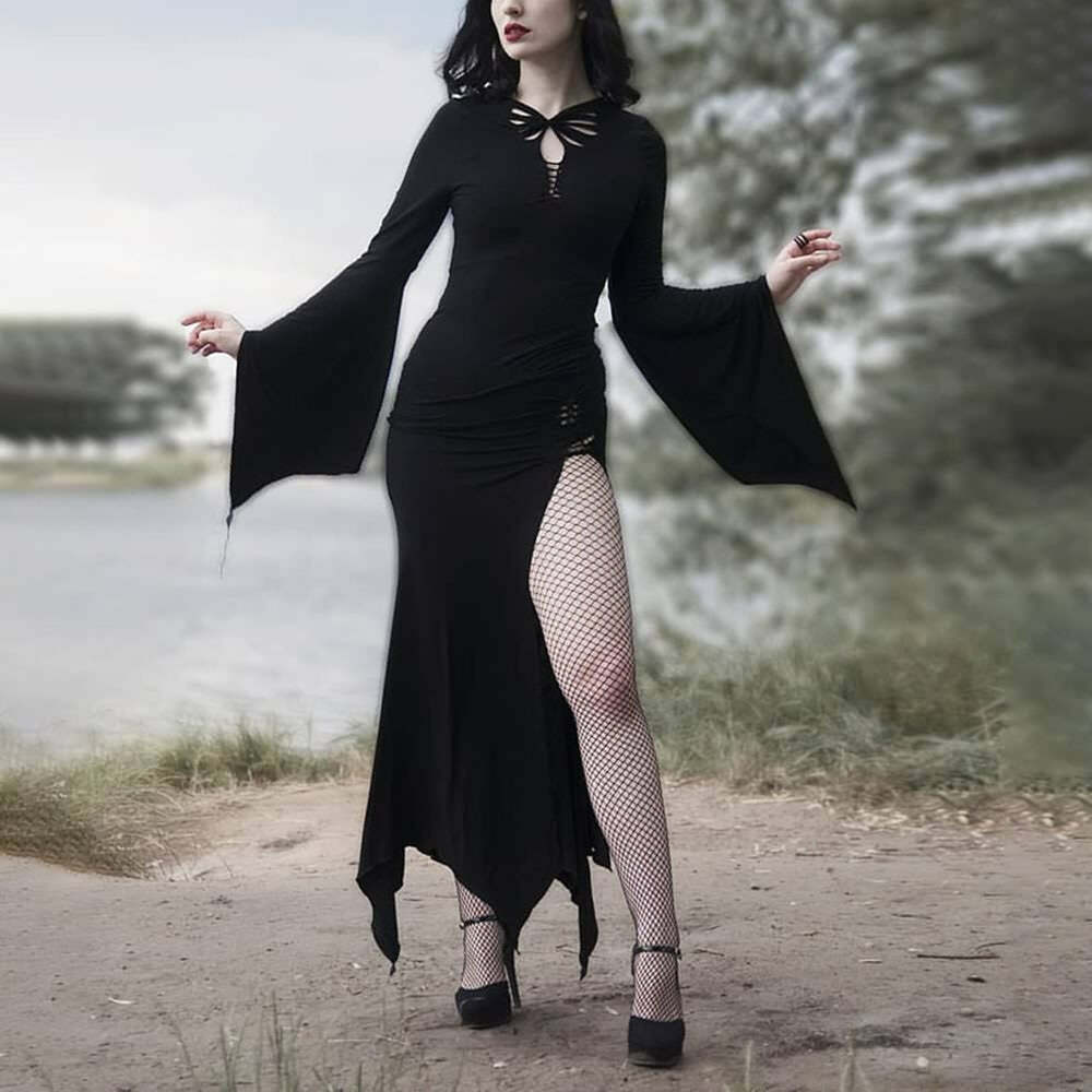Y2K Gothic Bell Sleeve Cut Out Slit Dress - Retro 90s Grunge Summer Party Outfit