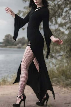 Y2K Gothic Bell Sleeve Cut Out Slit Dress - Retro 90s Grunge Summer Party Outfit
