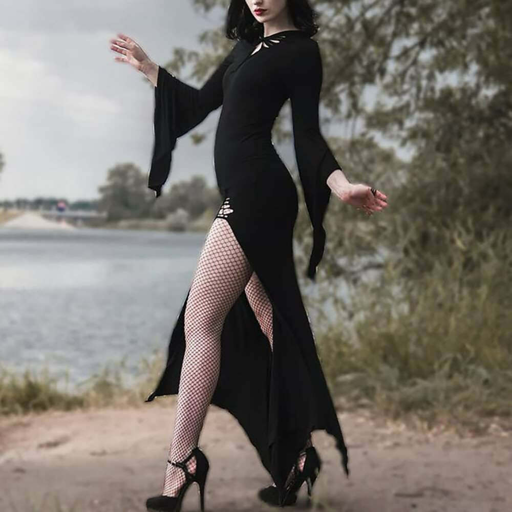 Y2K Gothic Bell Sleeve Cut Out Slit Dress - Retro 90s Grunge Summer Party Outfit