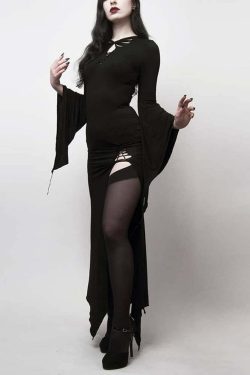 Y2K Gothic Bell Sleeve Cut Out Slit Dress - Retro 90s Grunge Summer Party Outfit