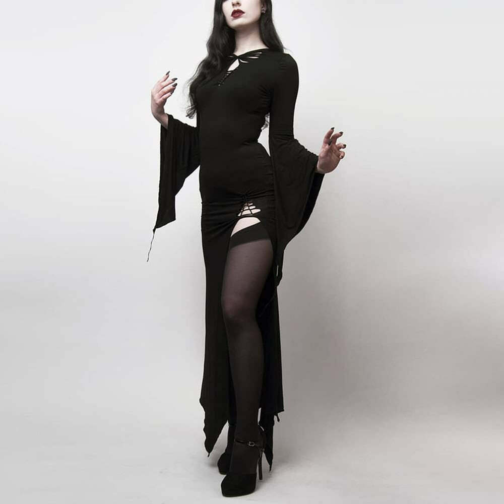 Y2K Gothic Bell Sleeve Cut Out Slit Dress - Retro 90s Grunge Summer Party Outfit