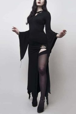 Y2K Gothic Bell Sleeve Cut Out Slit Dress - Retro 90s Grunge Summer Party Outfit