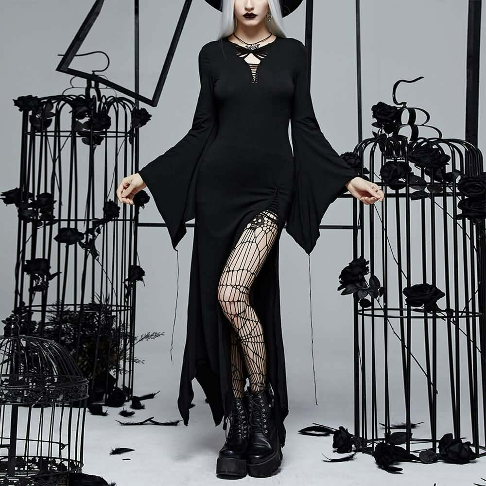 Y2K Gothic Bell Sleeve Cut Out Slit Dress - Retro 90s Grunge Summer Party Outfit