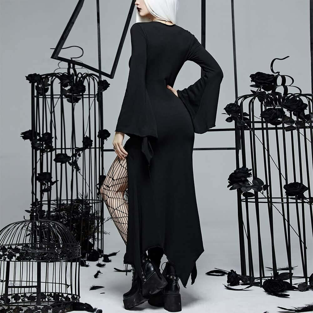Y2K Gothic Bell Sleeve Cut Out Slit Dress - Retro 90s Grunge Summer Party Outfit