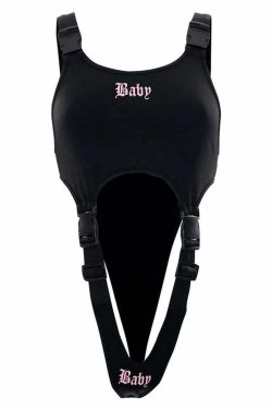 Y2K Gothic Black Cut Out Square Neck Sleeveless Bodysuit - Retro 90s Grunge Fashion