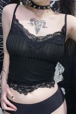 Y2K Gothic Black Lace Cami Top - Retro 90s Grunge, Summer Y2K Outfits, Pastel Goth Style