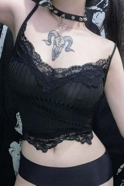 Y2K Gothic Black Lace Cami Top - Retro 90s Grunge, Summer Y2K Outfits, Pastel Goth Style