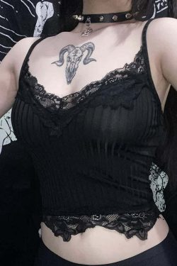 Y2K Gothic Black Lace Cami Top - Retro 90s Grunge, Summer Y2K Outfits, Pastel Goth Style
