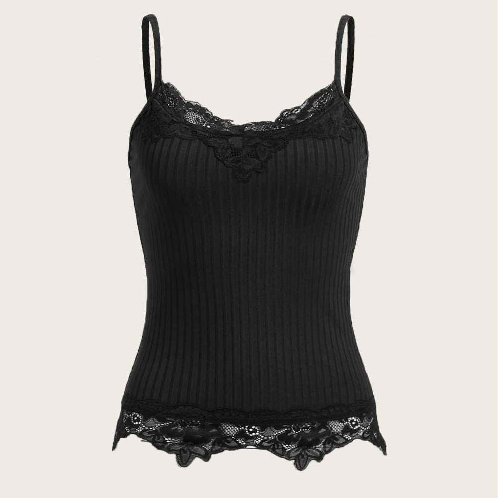 Y2K Gothic Black Lace Cami Top - Retro 90s Grunge, Summer Y2K Outfits, Pastel Goth Style