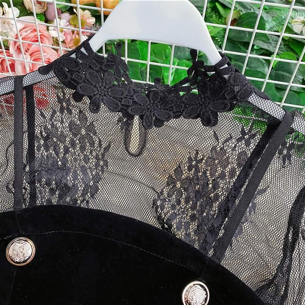 Y2K Gothic Black Lace Mesh Top & Velvet Romper Set - Retro 90s Grunge Summer Outfit