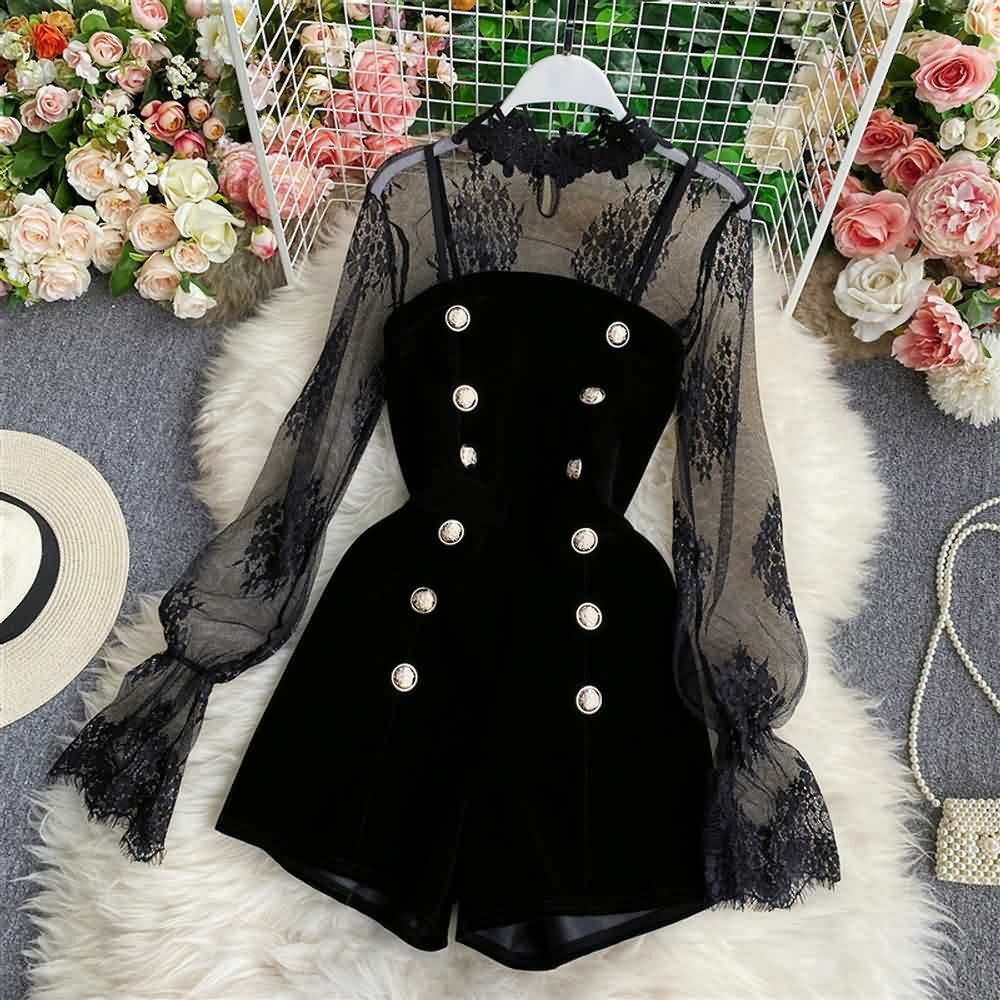 Y2K Gothic Black Lace Mesh Top & Velvet Romper Set - Retro 90s Grunge Summer Outfit