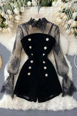 Y2K Gothic Black Lace Mesh Top & Velvet Romper Set - Retro 90s Grunge Summer Outfit