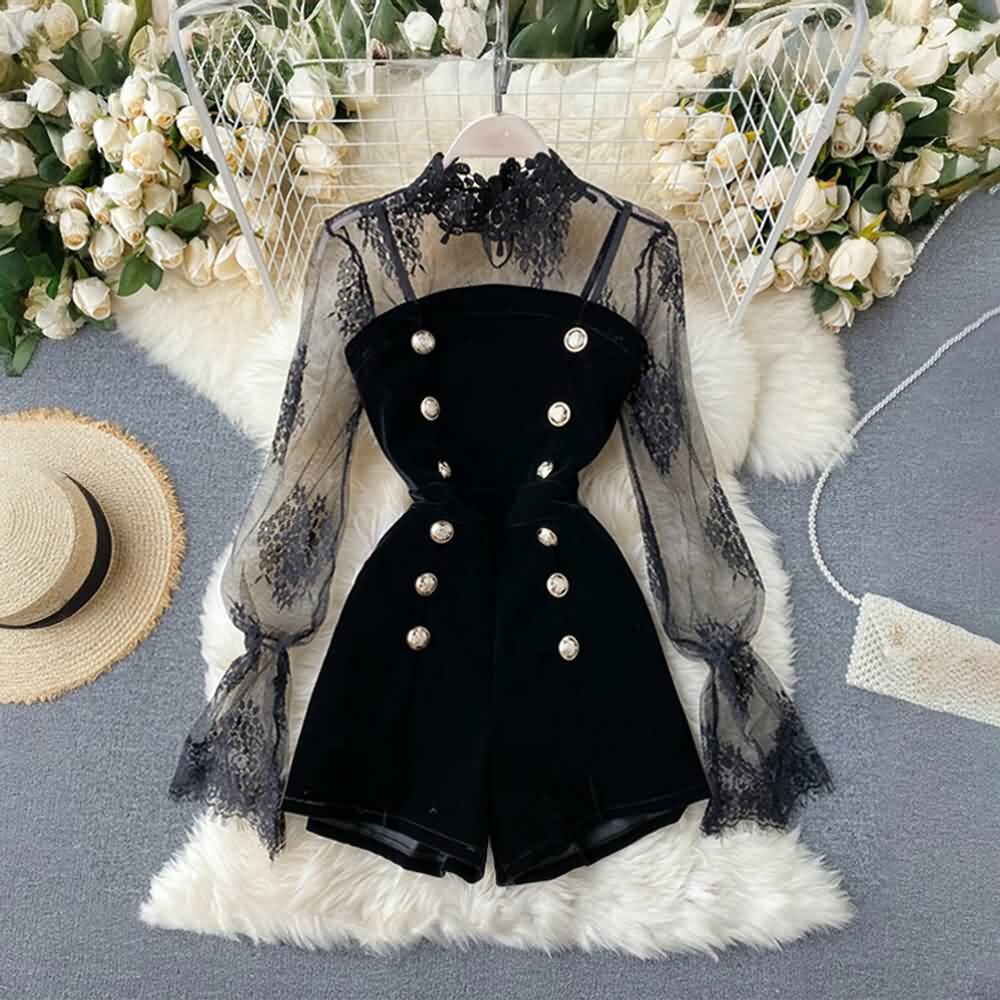Y2K Gothic Black Lace Mesh Top & Velvet Romper Set - Retro 90s Grunge Summer Outfit