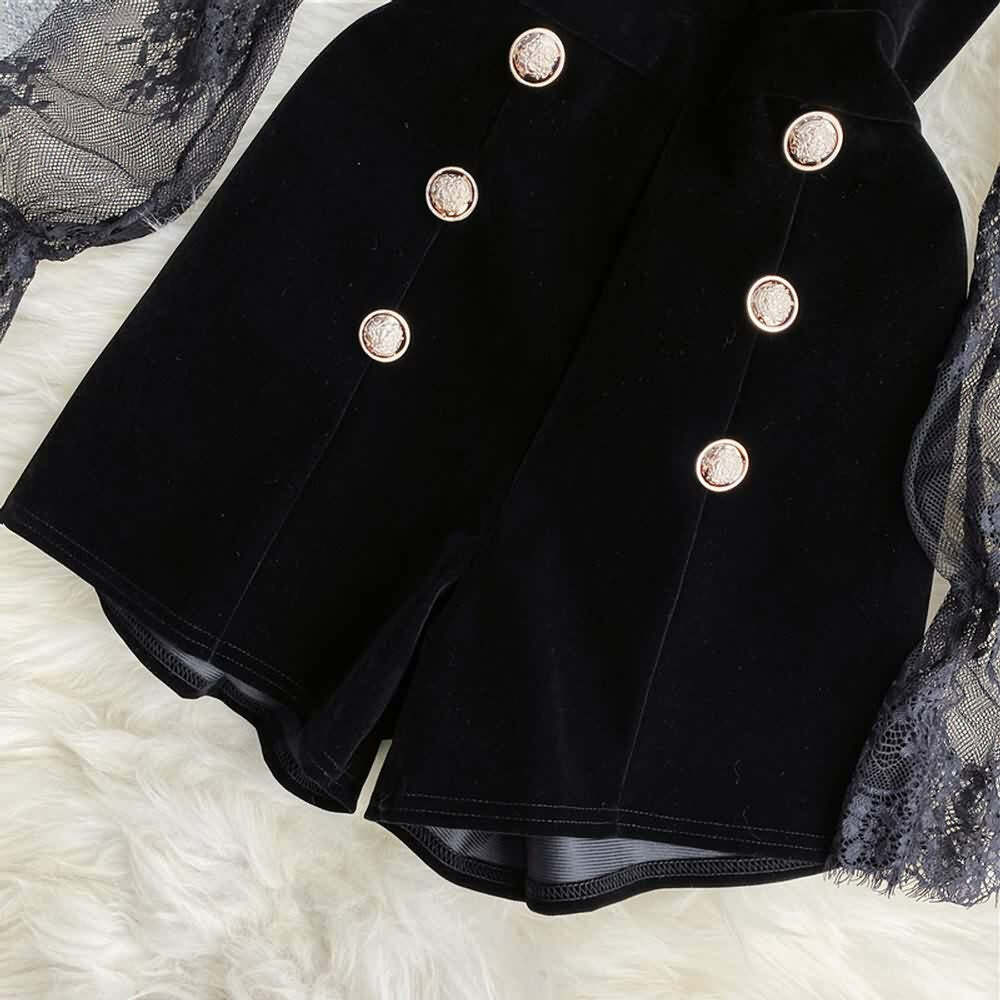 Y2K Gothic Black Lace Mesh Top & Velvet Romper Set - Retro 90s Grunge Summer Outfit