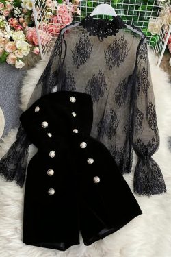 Y2K Gothic Black Lace Mesh Top & Velvet Romper Set - Retro 90s Grunge Summer Outfit